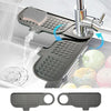A flexible silicone sink splash guard drip catcher mat is shown fitting onto a kitchen faucet to catch water drips.