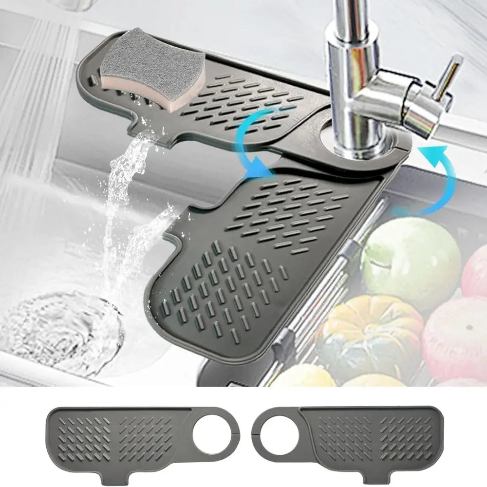 A flexible silicone sink splash guard drip catcher mat is shown fitting onto a kitchen faucet to catch water drips.