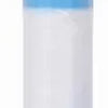A white plastic bottle with a light blue cap and a translucent white liquid inside.