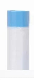 A white plastic bottle with a light blue cap and a translucent white liquid inside.