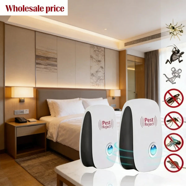 A white ultrasonic pest repeller device is displayed on a table next to a bed, with various insects shown nearby.