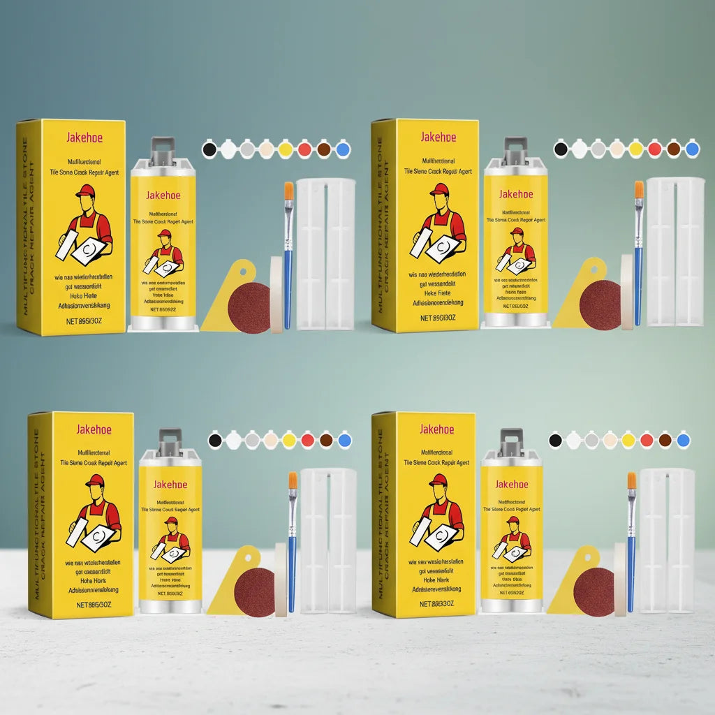 A set of Jakehoe professional tile stone crack repair agents in yellow boxes and glass bottles with applicator tools.