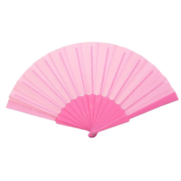 A pink folding hand fan with pleated paper blades shown from below.