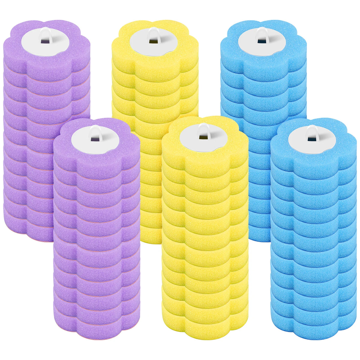 A set of five purple, yellow, and blue long-handled disposable toilet brush cleaning kits.