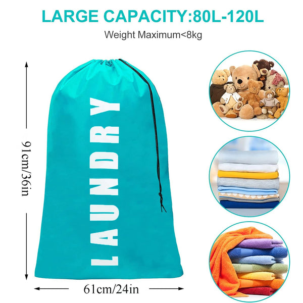 A bright turquoise laundry bag with the word LAUNDRY printed on it, shown next to stacked folded clothes.
