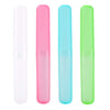 Four translucent toothbrush cases in white, pink, light blue, and green.