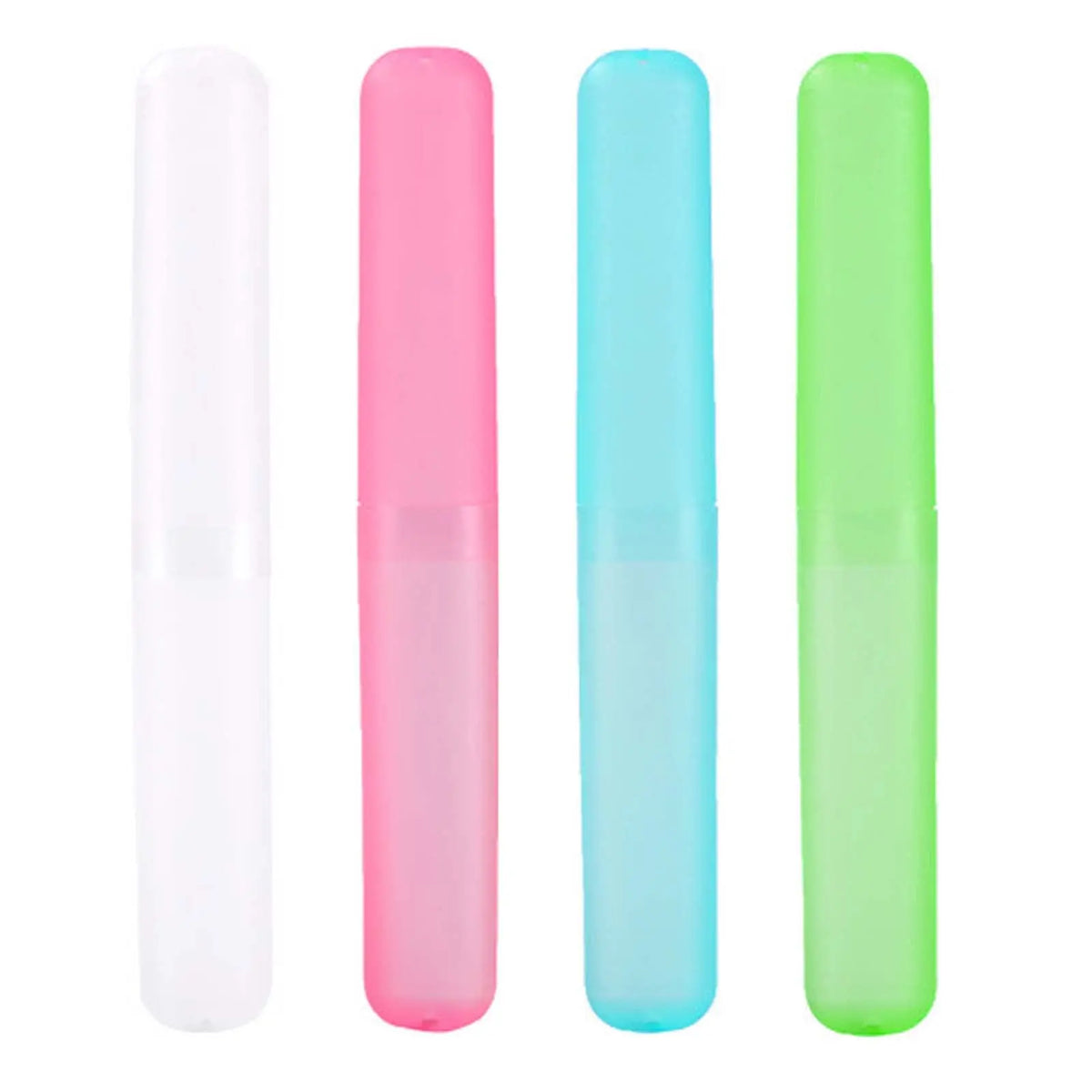 Four translucent toothbrush cases in white, pink, light blue, and green.