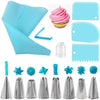 A set of reusable silicone piping bags and stainless steel tips for baking, featuring various shapes and sizes.