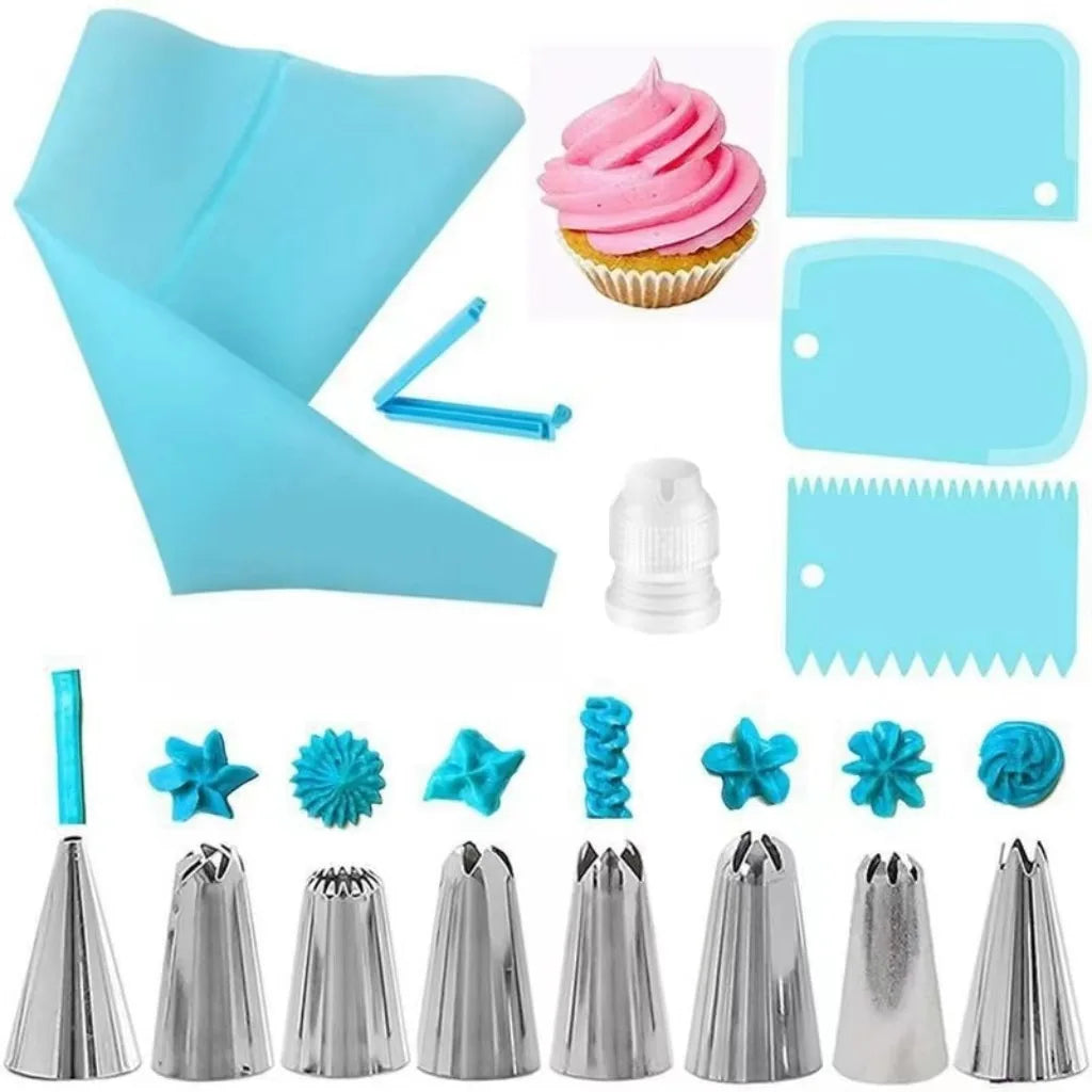 A set of reusable silicone piping bags and stainless steel tips for baking, featuring various shapes and sizes.