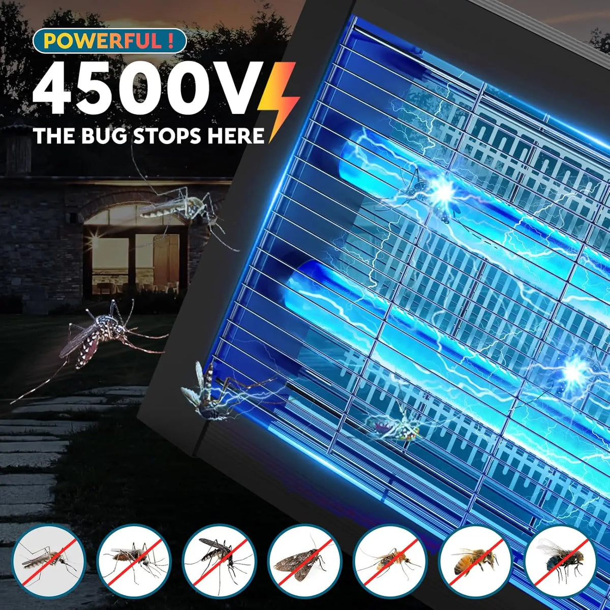 Nahaufnahme eines blauen elektrischen Schädlingsbekämpfungsgeräts zur Kontrolle von Insekten im Freien.