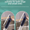 A retractable design sink rack organizer shown before and after use in a kitchen sink.