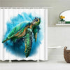 A watercolor illustration of a green sea turtle swimming through blue water.