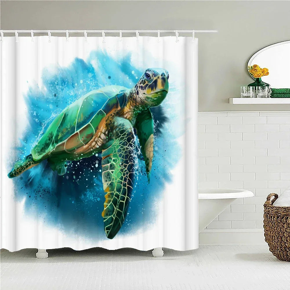 A watercolor illustration of a green sea turtle swimming through blue water.
