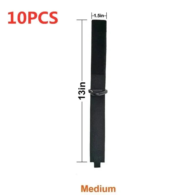 A black heavy-duty nylon cord and hose organizer strap, 13 inches long.
