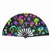 A black hand fan with a holographic gradient pattern featuring various colorful mushrooms and psychedelic designs.