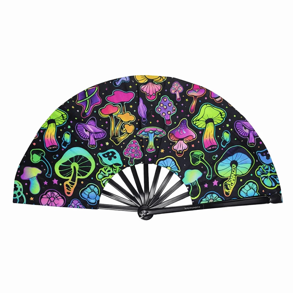 A black hand fan with a holographic gradient pattern featuring various colorful mushrooms and psychedelic designs.
