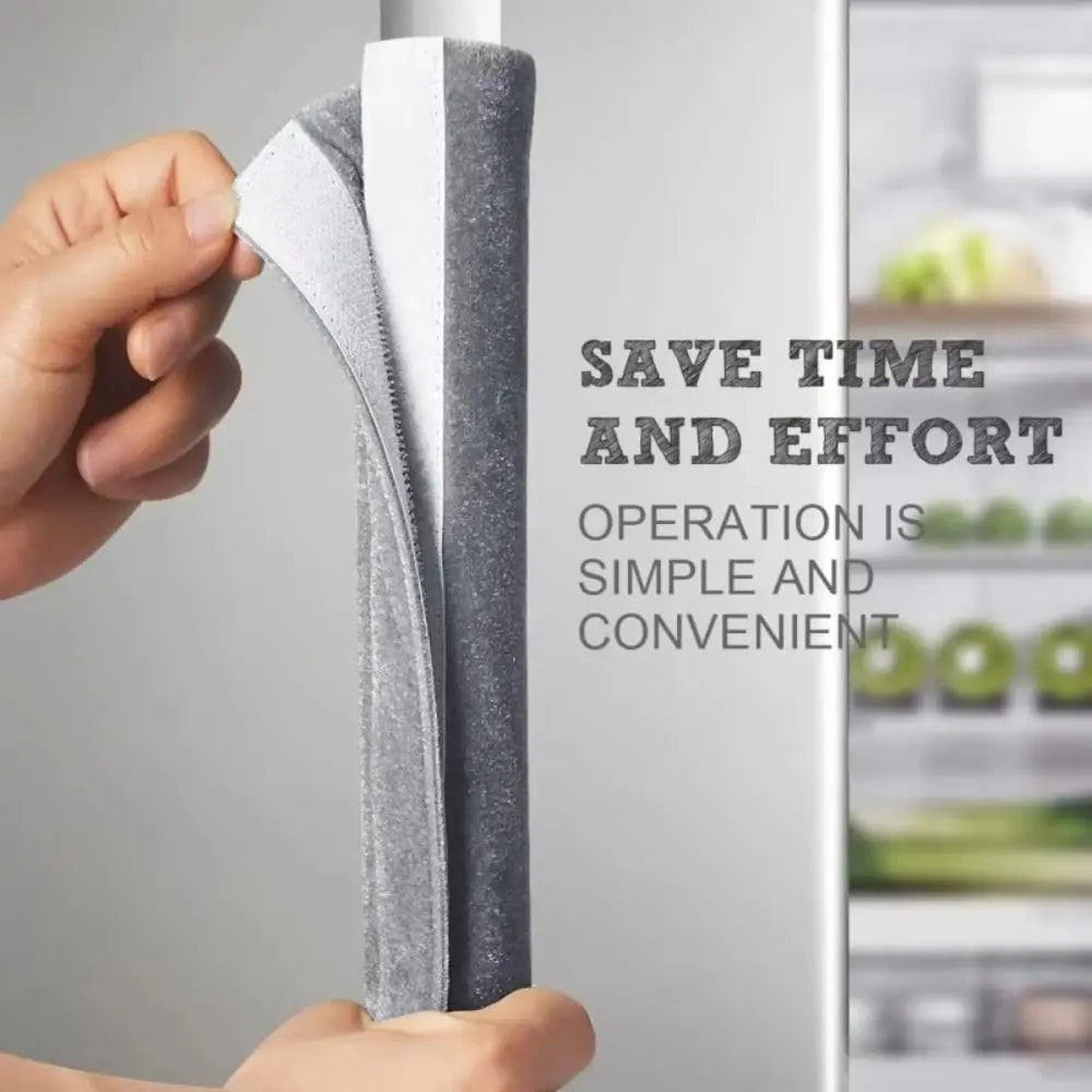 A hand is holding two oil-proof refrigerator handle covers, showing how simple and convenient the operation is.