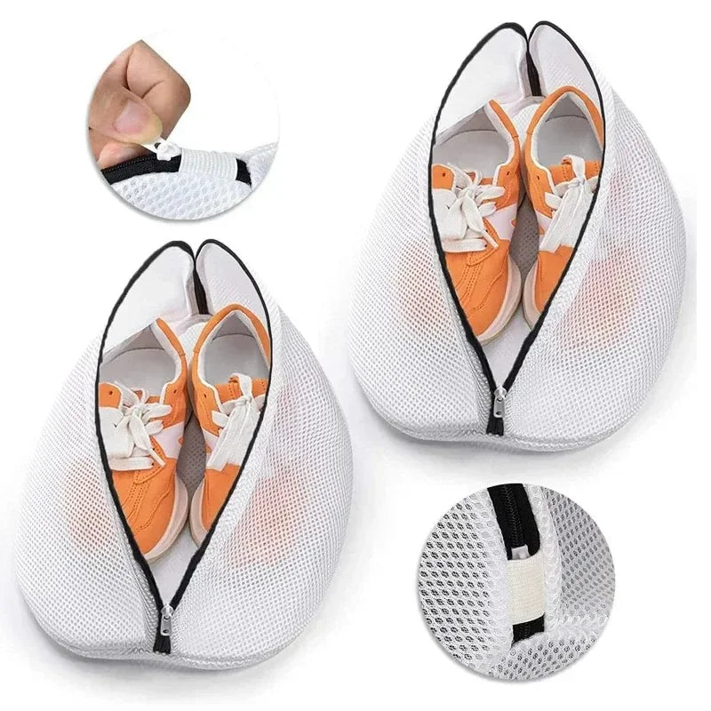White mesh laundry bag with a zipper for storing and protecting shoes and delicates