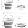 A set of two collapsible water buckets in gray and white, showing dimensions for 5L and 10L capacities.