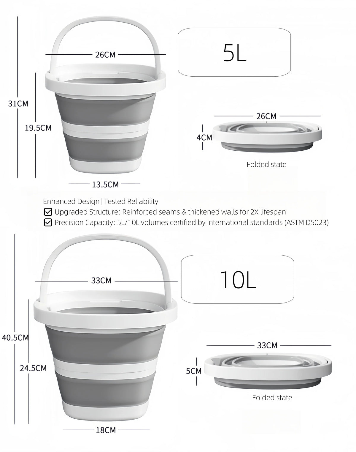 A set of two collapsible water buckets in gray and white, showing dimensions for 5L and 10L capacities.