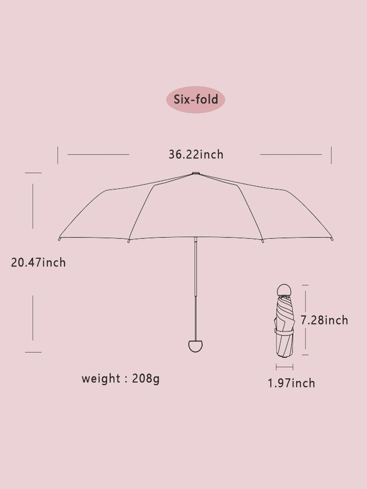 A diagram showing the dimensions of a six-fold mini travel umbrella, including its size and weight.