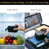 A hand places an insulin peptide storage case into a travel bag alongside various food items.