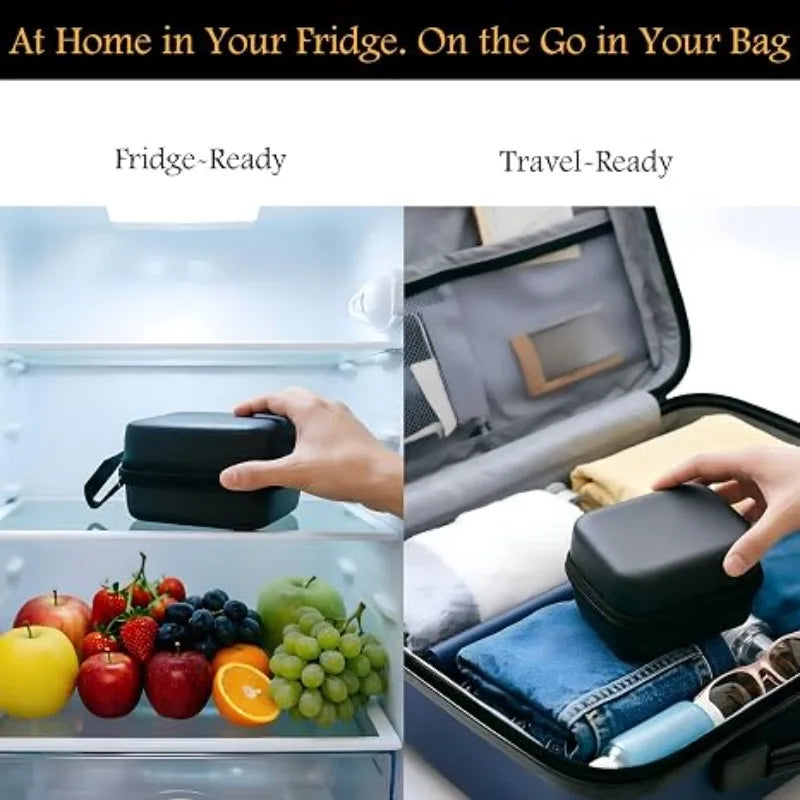 A hand places an insulin peptide storage case into a travel bag alongside various food items.