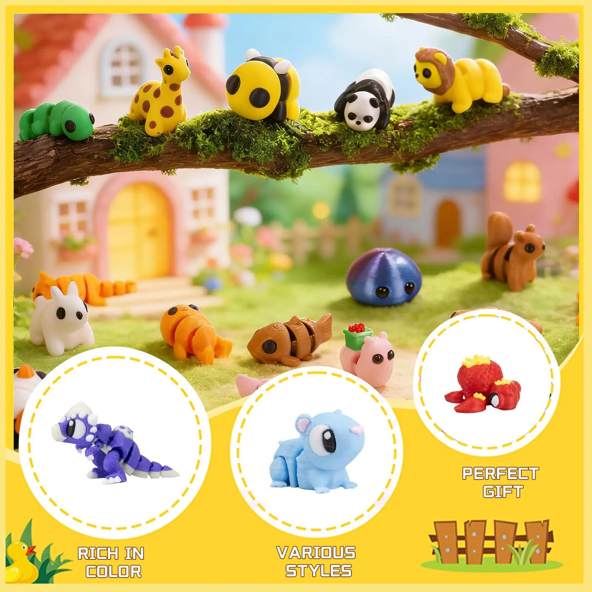 A set of 50 mini 3D printed animal figurines featuring various styles and colors in a natural outdoor setting.
