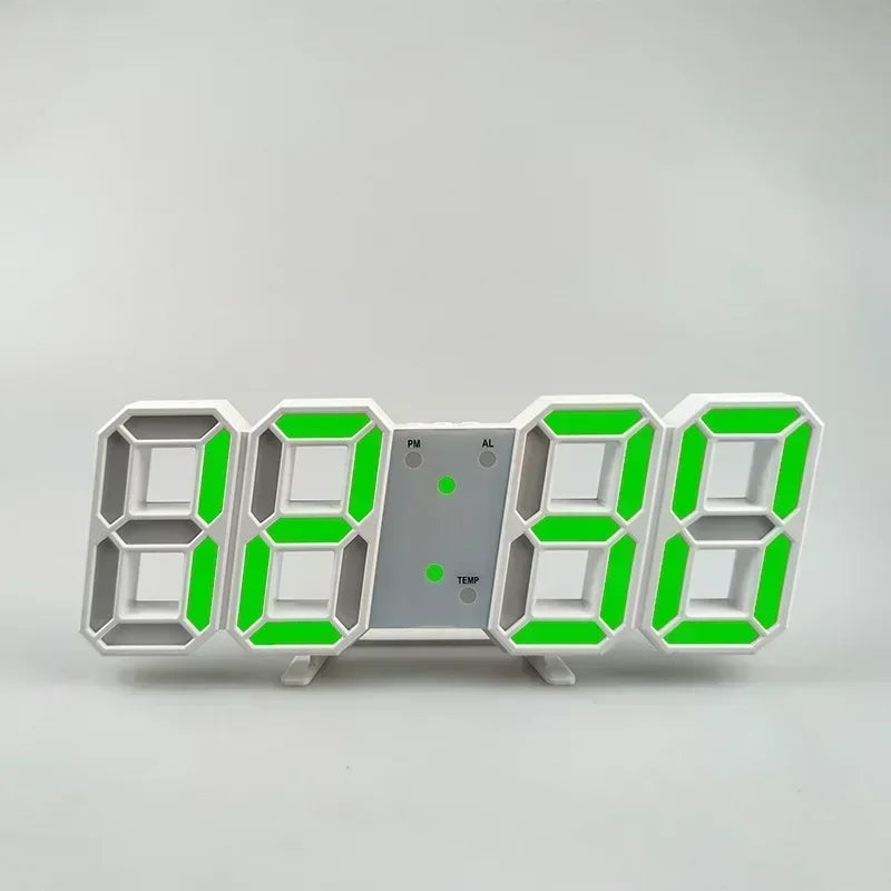 A digital alarm clock displaying 88888888, featuring a silver face and bright green LED digits.