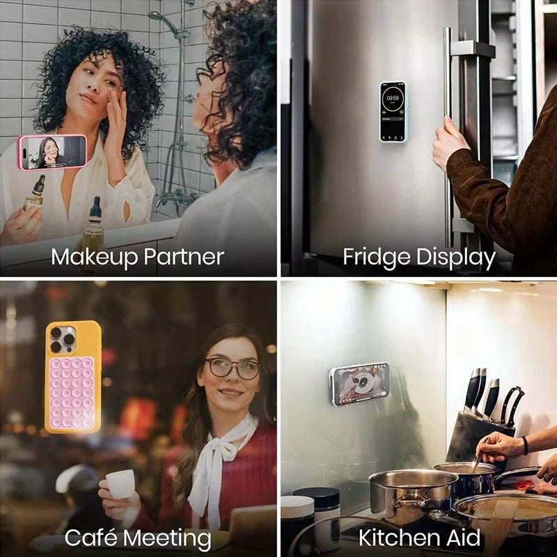 A collage showing a makeup partner, a fridge display, a café meeting, and kitchen aid.