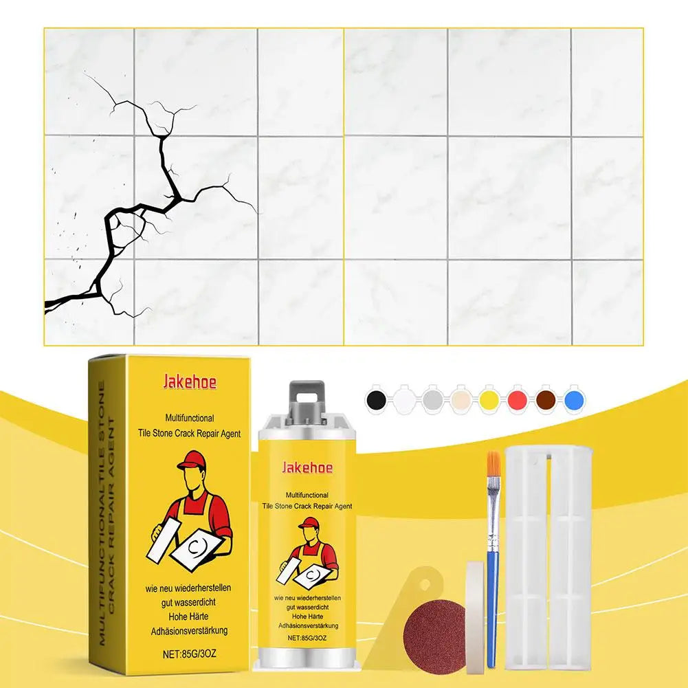 A yellow tile stone crack repair agent kit with a bottle, applicator, and sanding pad displayed on a white background.