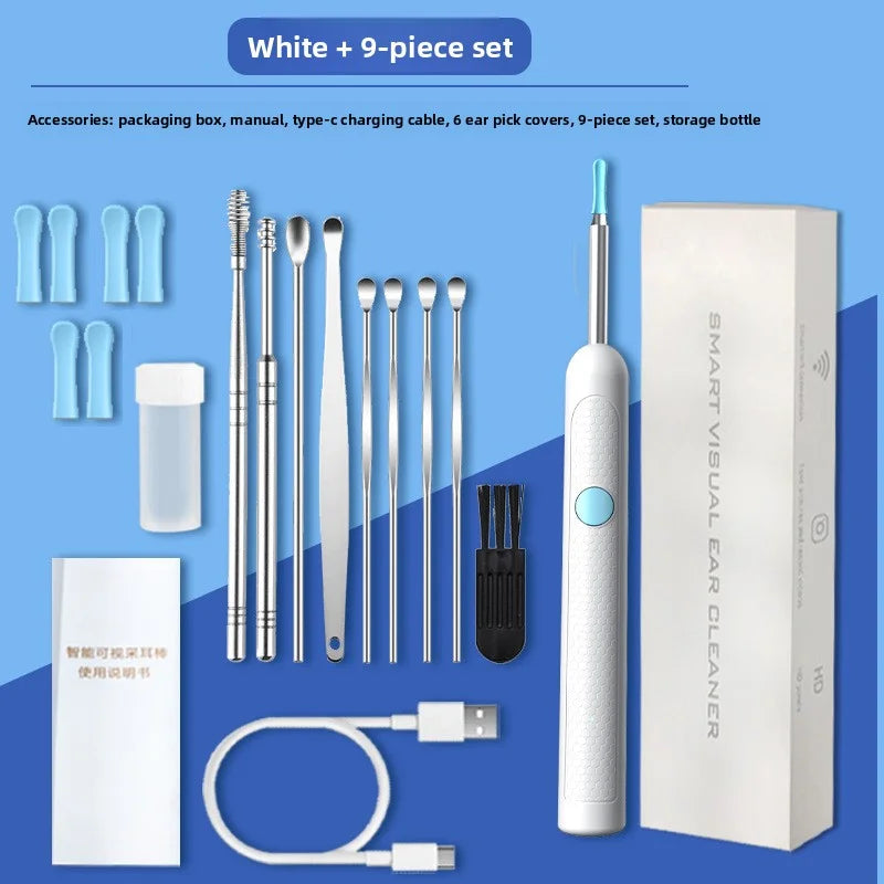White 9-piece set of visual ear cleaning tools including a box, manual, charging cable, and storage bottle