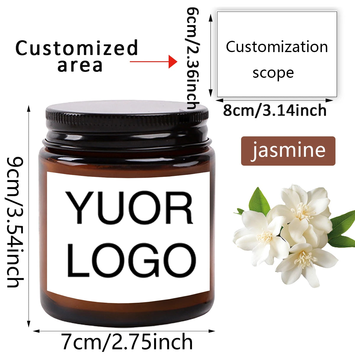 A dark glass jar of jasmine scented soy candle with a custom logo label and a customization scope diagram.