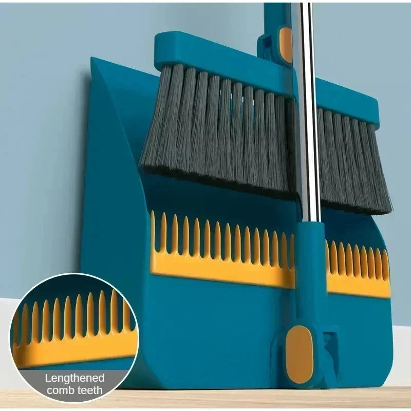 A blue ergonomic broom with a long handle and a black bristled head is shown against a light blue background.