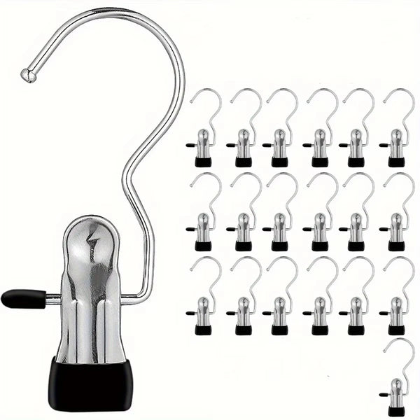 Stainless steel multi-use hangers and clips shown with a hook and a clamp assembly.