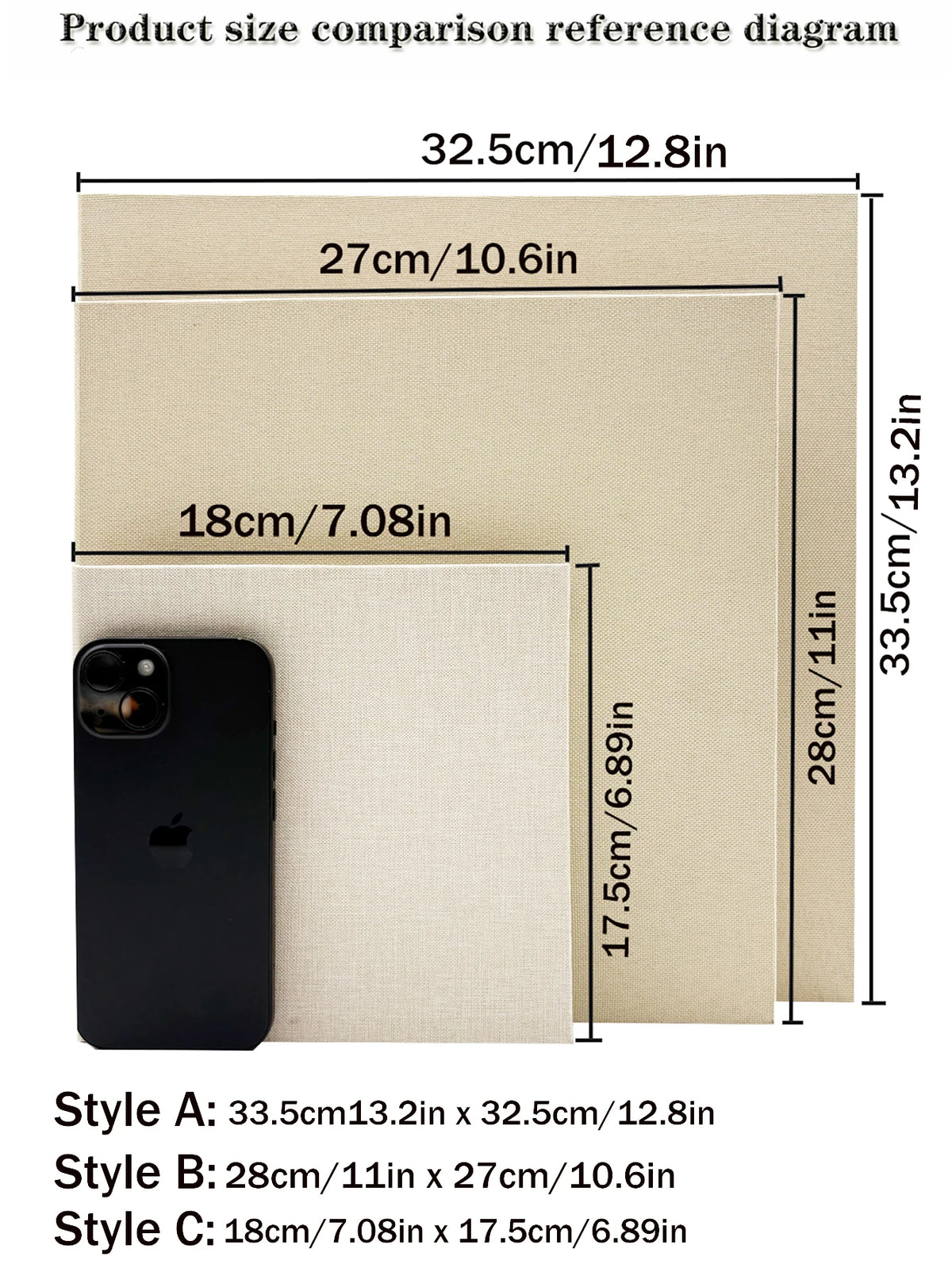 Referenzdiagramm mit drei Größen von Leinen-Fotobücher-Scrapbook-Alben: Stil A, B und C.