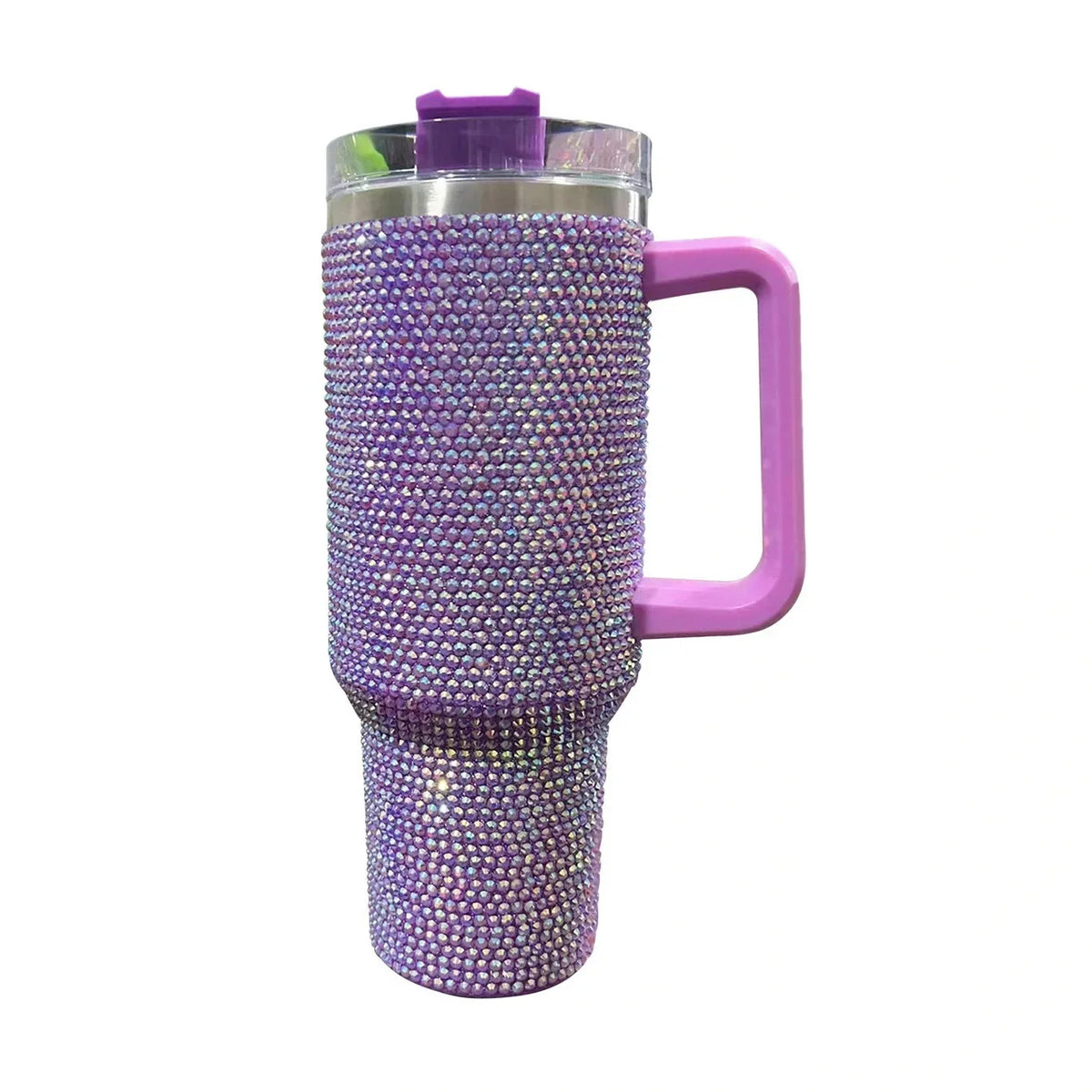 Taza aislada de acero inoxidable con pedrería morada, tapa morada y asa rosa.