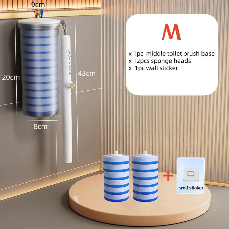 A disposable toilet brush cleaning kit showing a brush base, sponge heads, and wall stickers in a bathroom setting.