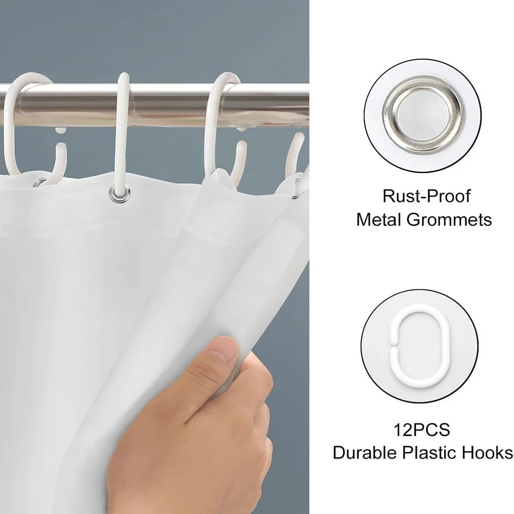 White shower curtain with metal grommets and 12 durable plastic hooks for a tropical garden design