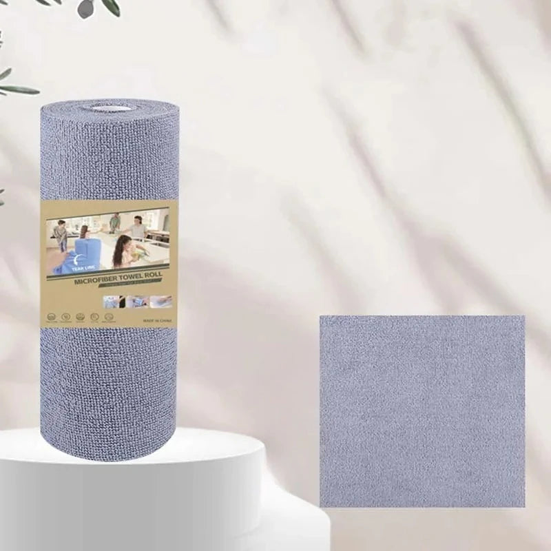 A roll of microfiber tear-off cleaning cloth towels in light blue is displayed against a white background.