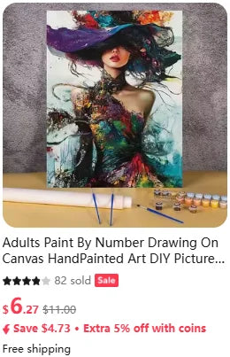 A painting of a woman with vibrant hair and clothing, displayed on a canvas.