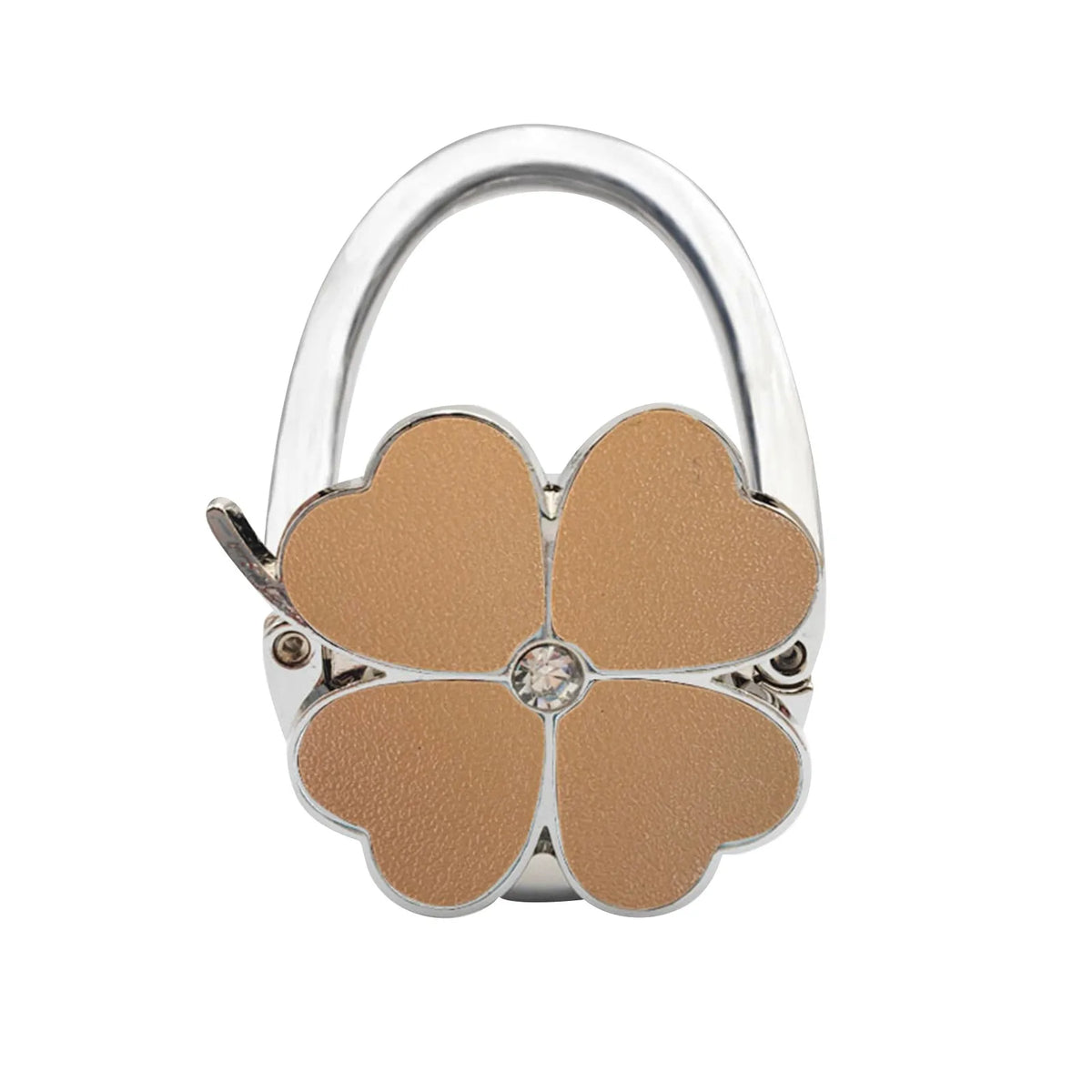 Silver foldable handbag hook with a flower-shaped leather accent and a small clear stone.