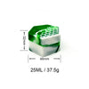 A green and white silicone storage jar with a hexagonal top, measuring 32mm high and 48mm long.