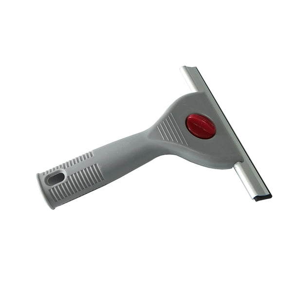 A gray heavy duty glass cleaning squeegee tool with a red handle and a silver blade.