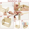 Installation steps showing how to assemble a natural wood storage crate organizer for baby and toys.