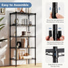 A black heavy duty metal wire storage shelving rack with multiple tiers and various items displayed.