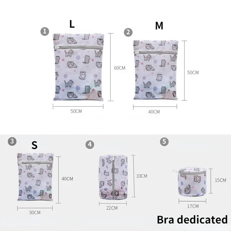 A set of mesh laundry bags in light purple and white patterns, sized L, M, and S.