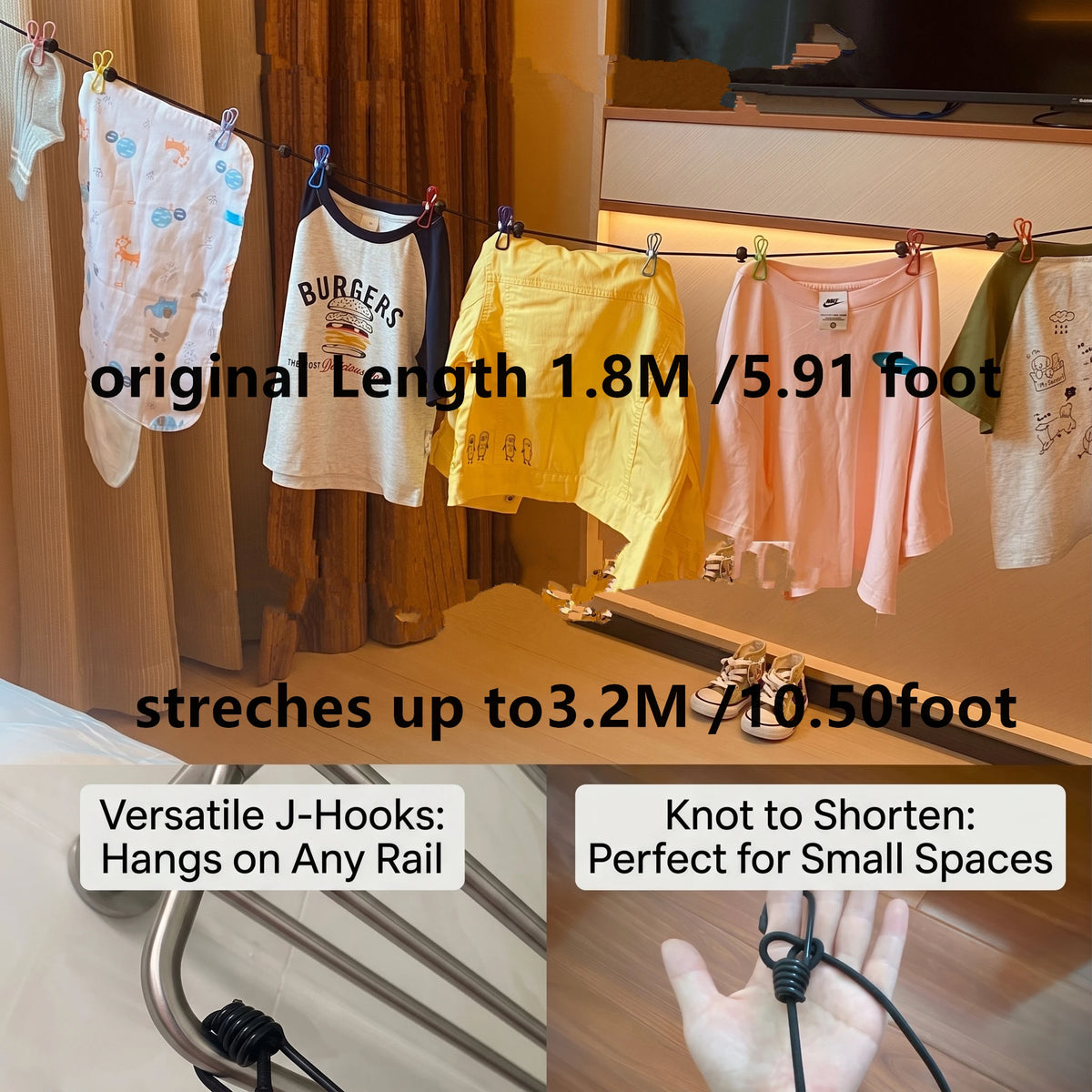A set of retractable J-hooks used to hang clothes on a drying rack or rail.