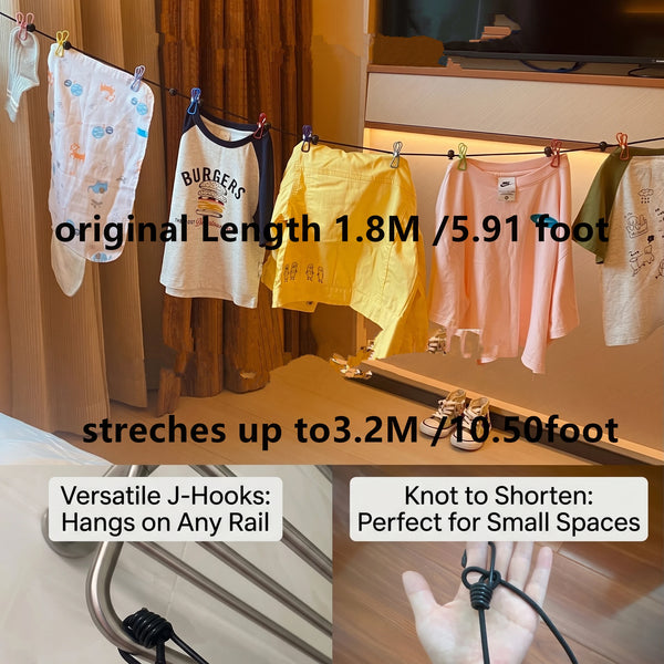 A set of retractable J-hooks used to hang clothes on a drying rack or rail.
