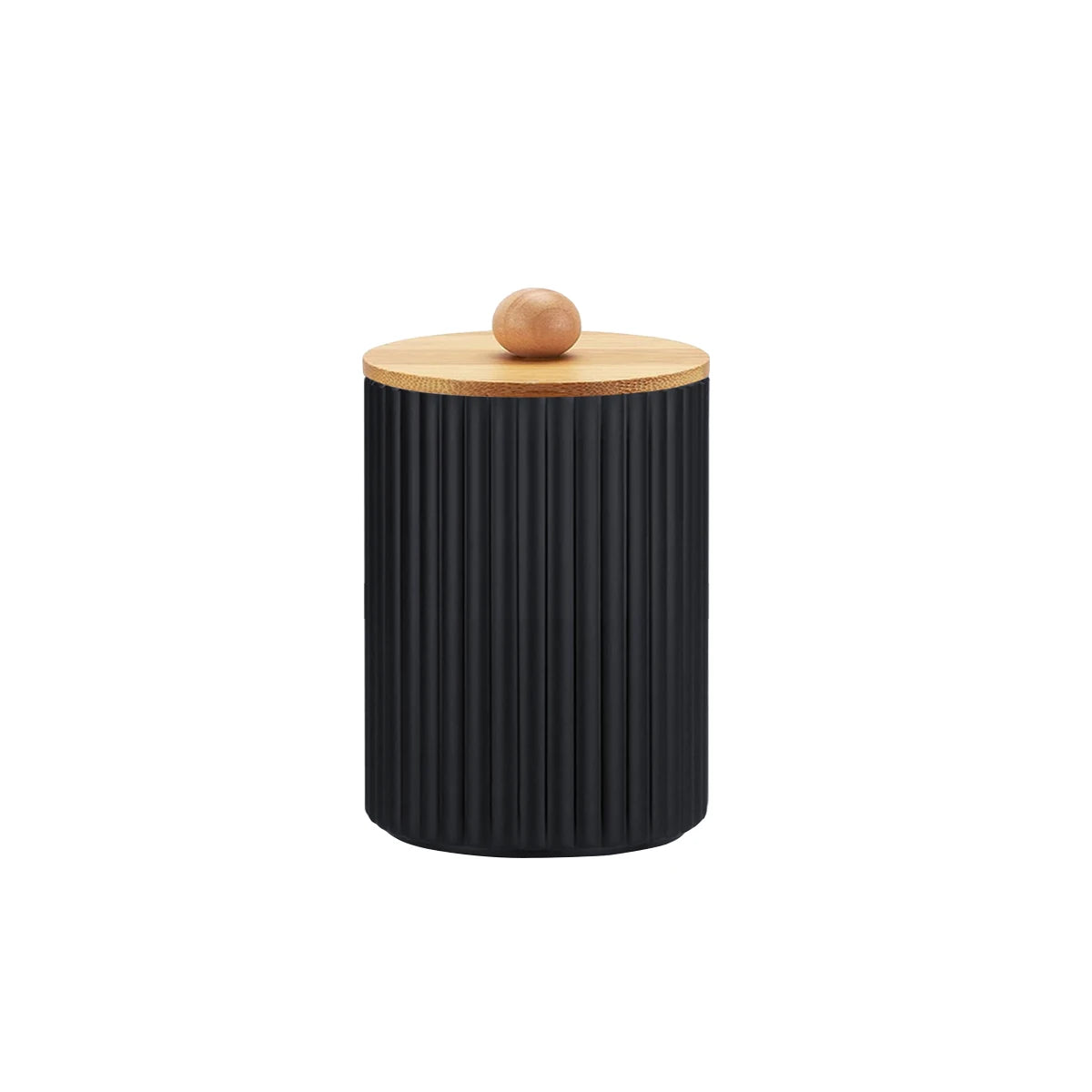 A black cylindrical organizer with vertical ridges and a wooden ball on top.